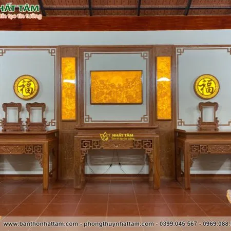Phòng thờ gia tiền gỗ Hương kết hợp tranh trúc chỉ - BD1003