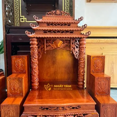 Bàn thờ Thần Tài 3 Mái Chùa Gỗ Hương Đẹp - BTTT3011