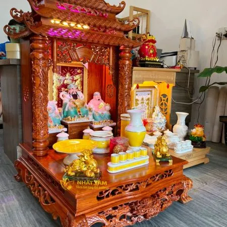 Bàn thờ Thần Tài 3 Mái Chùa Gỗ Hương Đẹp - BTTT3011