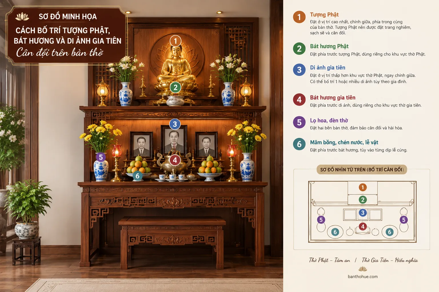 Cách sắp xếp bàn thờ Phật và gia tiên chung